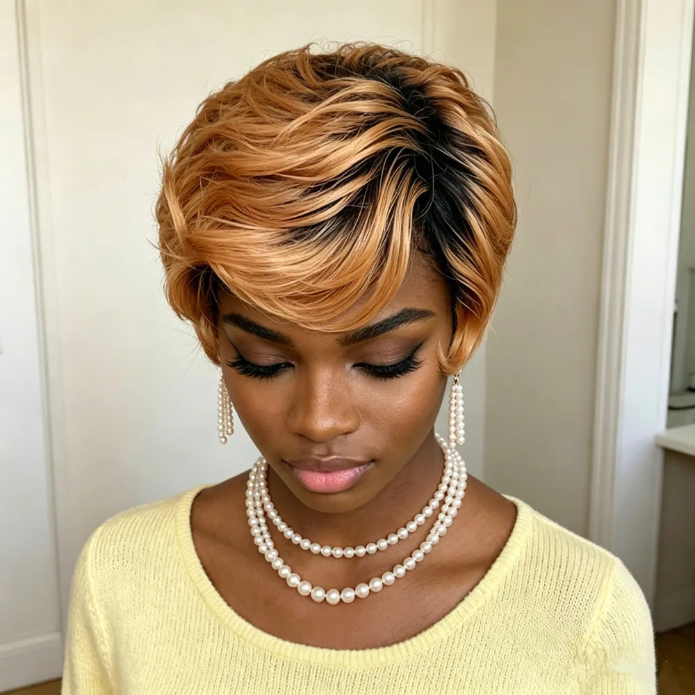 daily party use gift pixie cut wig150% density 4inch machine made pixie short curly 1B30 color human hair wig  for women