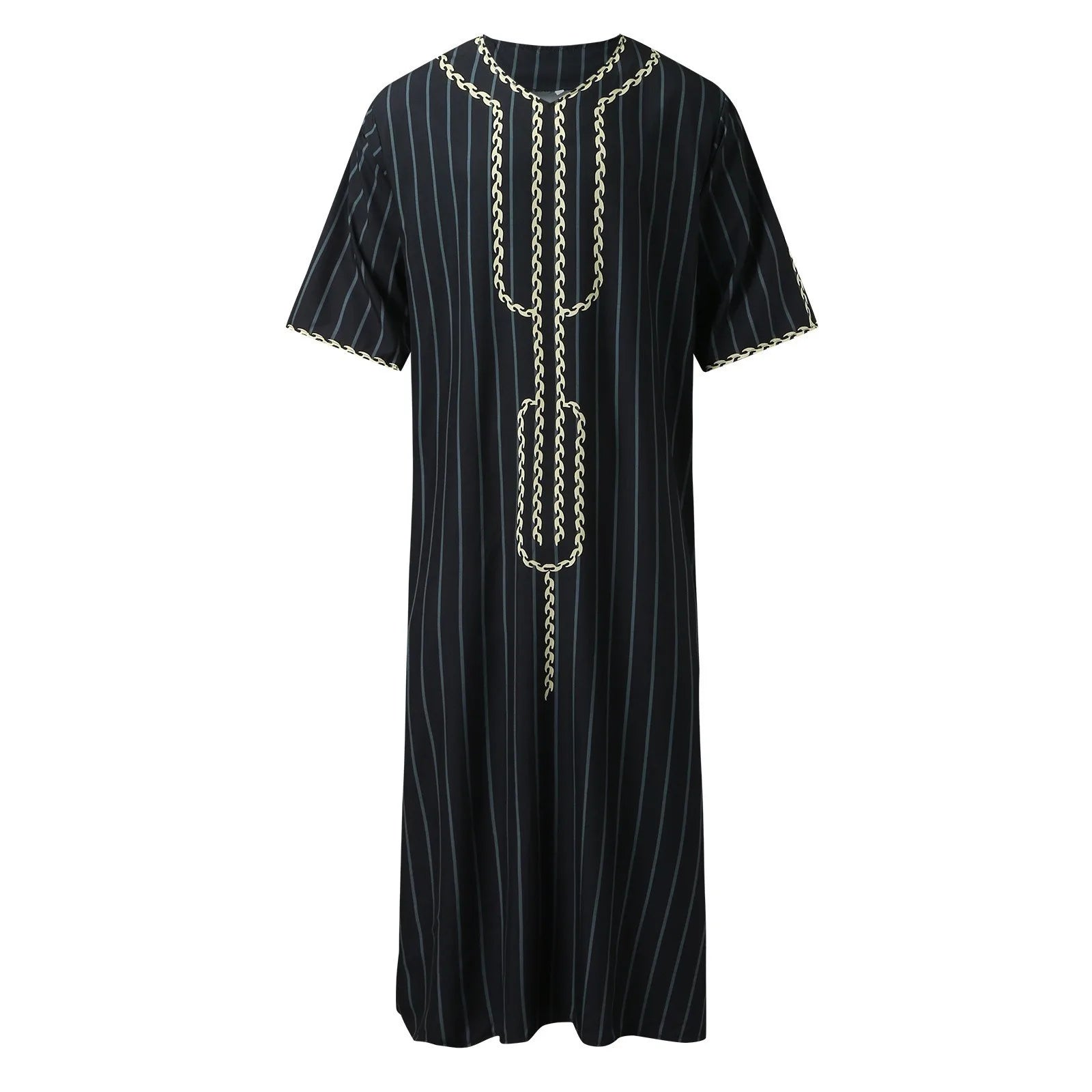 Muslim Men'S Clothing Hand-Embroidered Loose Breathable Summer Fashion Loose Robe Dubai Luxury V-Neck Short Sleeve Printing
