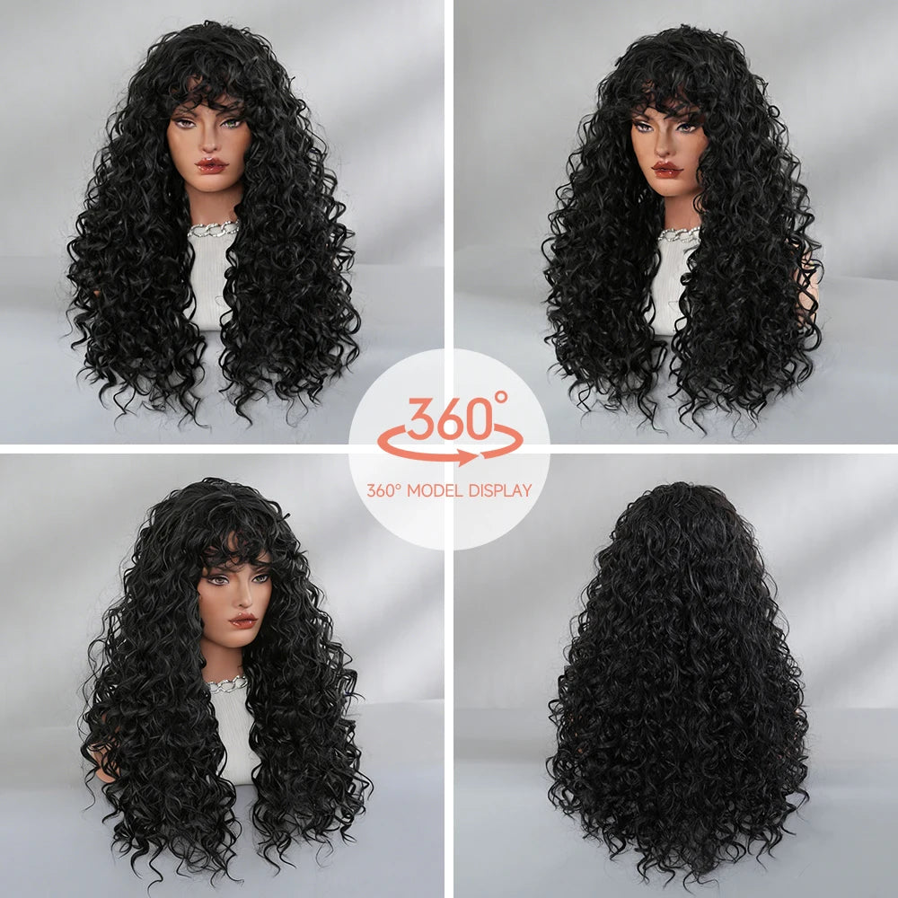 Deep Wave Black Wigs with Bangs Fluffy Long Curly Hair Wigs for Black Women White Women Natural Looking Heat Resistant Fiber