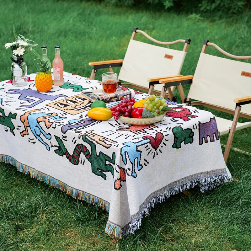 Mantel rectangular colorido estilo bohemio de tela de algodón y lino, mantel de decoración para camping al aire libre con diseño geométrico simple