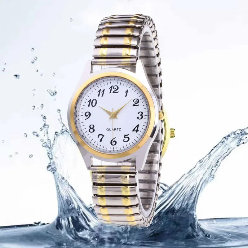 Relojes de pulsera para hombre y mujer, correa de acero inoxidable, aleación, para amantes, movimiento de cuarzo, correa elástica