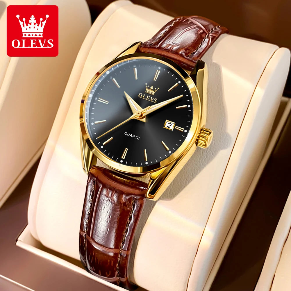 OLEVS 6898 Womens Watch Original Fashion Brand Quartz Wristwatch Waterproof Luminous Leather Strap  Dual Calendar Ldies Watch