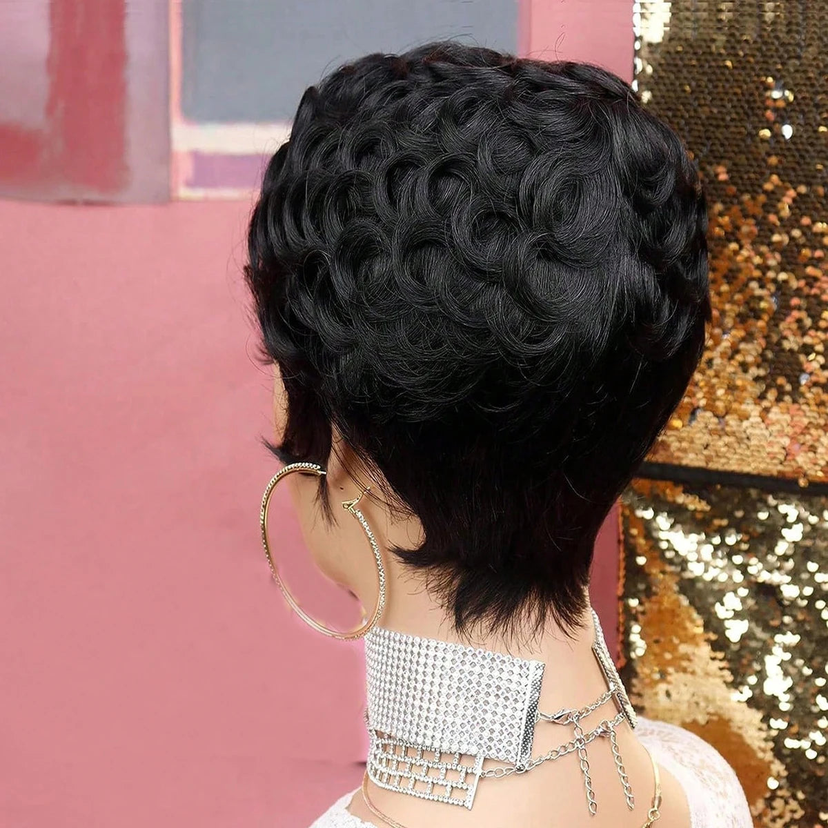 Black Pixie Cut wig for with Bangs Short Pixie Curly Layered Curled Natural Wavy  Short Curly Layered Pixie Wig for Women