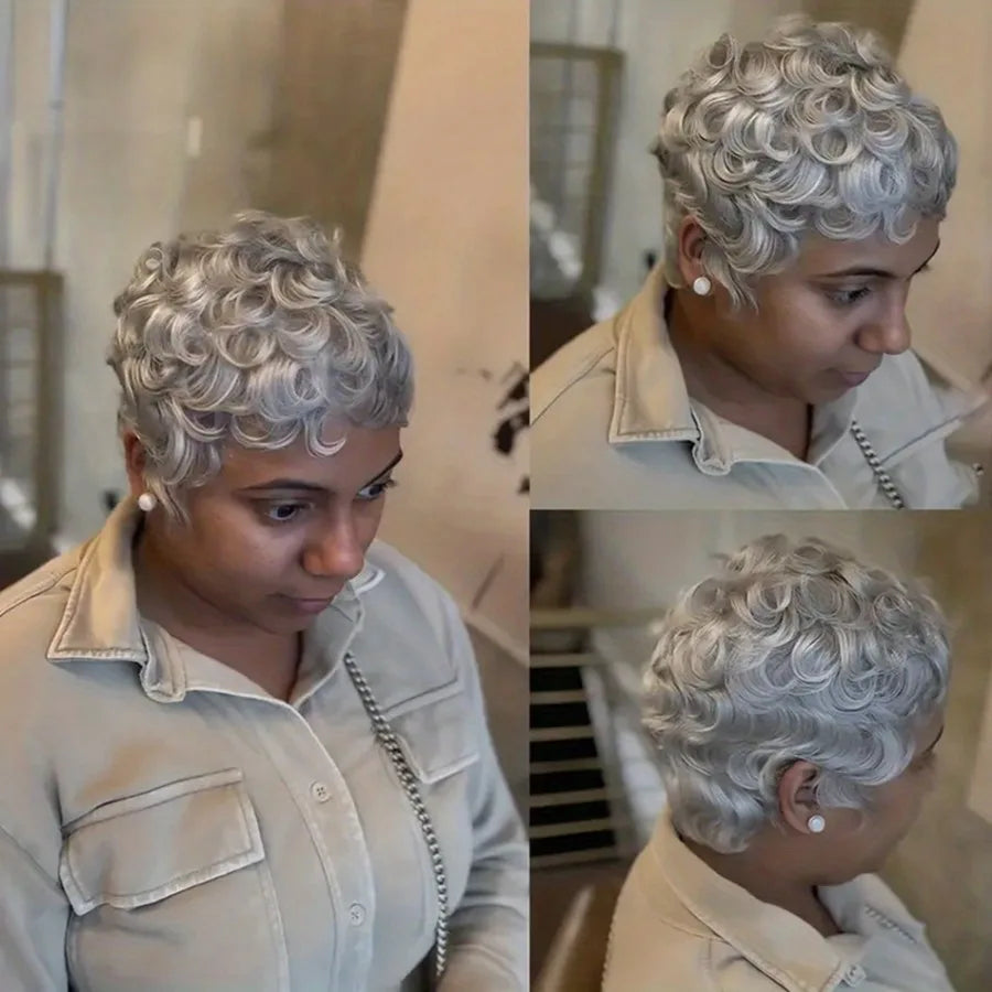 Gray Pixie Human Hair Wig Full Machine Made, Loose Curly Short Pixie Cut with Rose Net Cap, Natural Gray Hair for Everyday