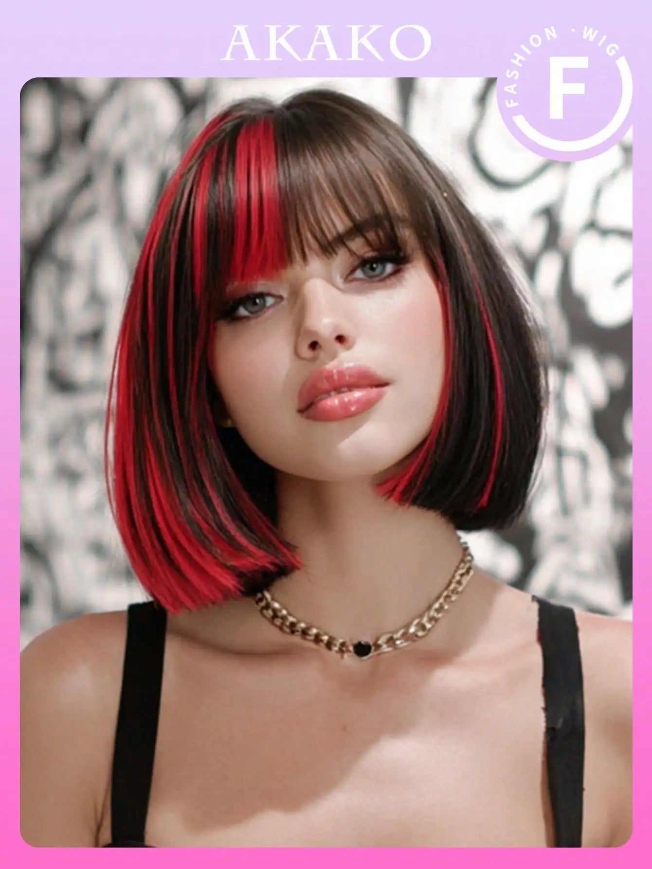 Highlights Black Red Bob Wig For Women 10in Short Straight Wig With Bangs, Heat Resistant Fiber Soft Synthetic Full Machine Hair Colorful Anime Costume Wig For Daily Party Wear & Holidays, Music Festival Cosplay Use, Edgy Y2K
