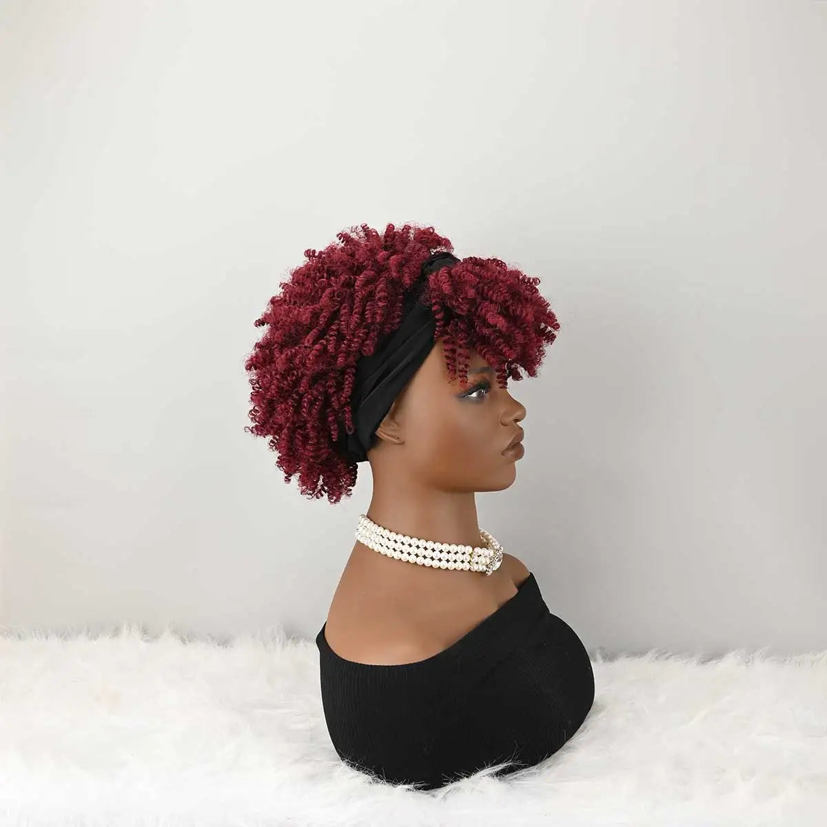Headband Wig Curly Headband Wig With Bangs For Women Synthetic Afro Curly Hair Wig With Headband Attached Short Kinky Curly Afro High Puff With Bangs Stripes Short Red Curly Wigs with Bangs for Women, Natural Wavy Synthetic W