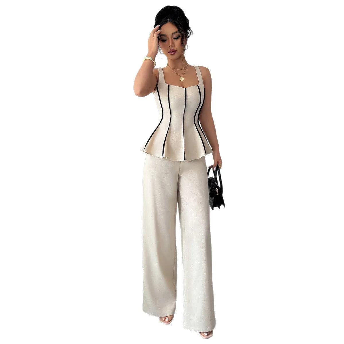 Two Piece Sets Women Pant Set Sleeveless Matching Sets Ruffles Tops Y2k Streetwear Elegant Work Wide Leg Long Pants High Waist
