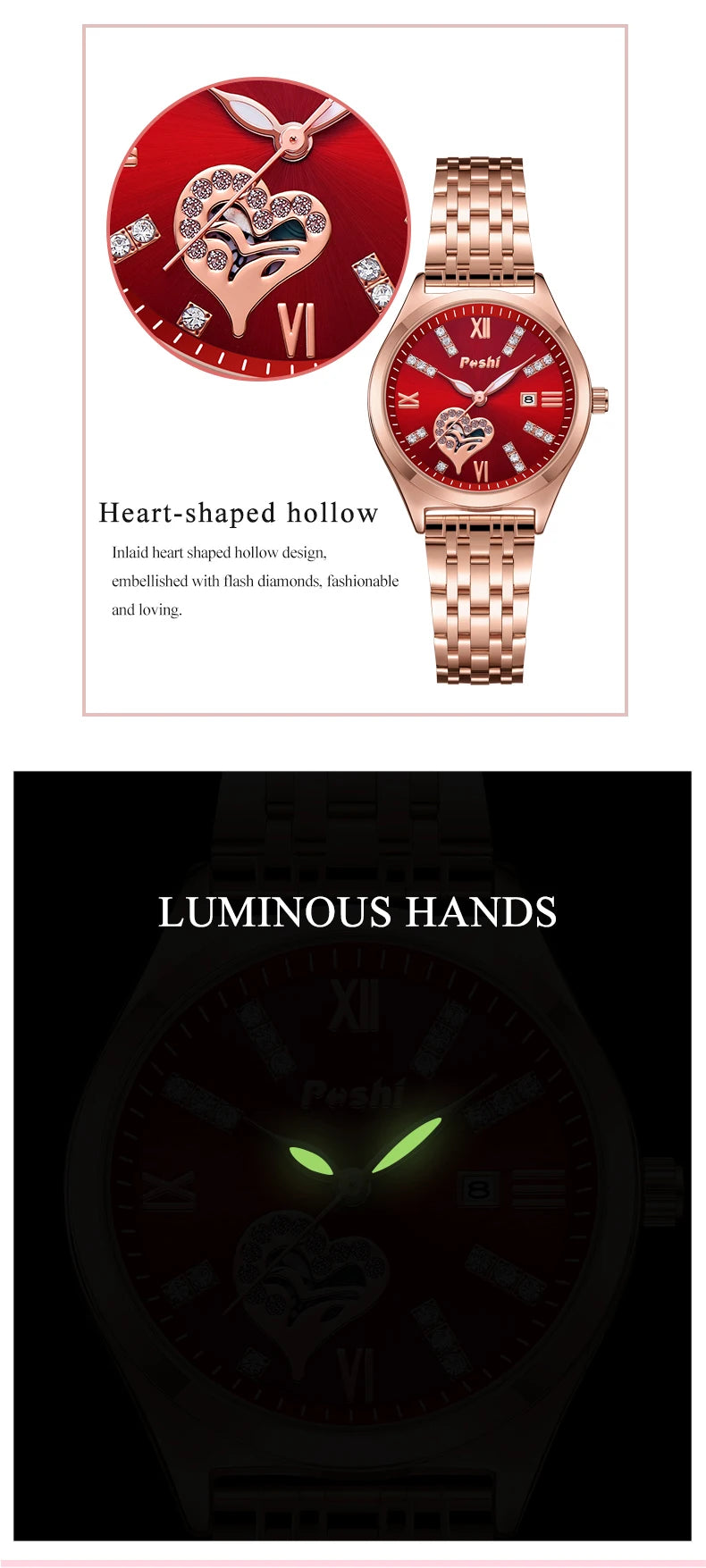 POSHI Women Watches Fashion Stainless Steel Date Ladies Wristwatch Waterproof Quarzt Watch Girlfriend Gift Relogio Feminino