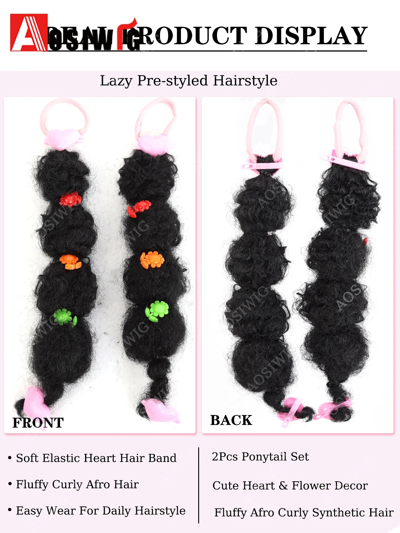 2pcs Kids Synthetic Black Bubble Puff Braid Ponytail Hair Extension With Cute Flower Accessories Wigs Hairpiece Braided Ponytail
