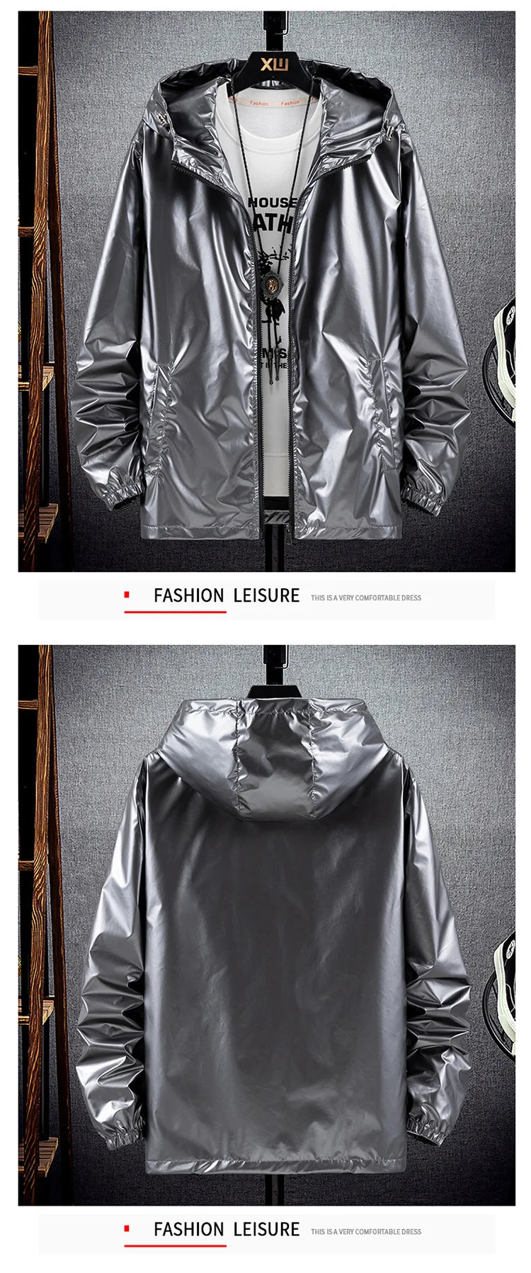 Chaquetas con capucha de superficie brillante para hombre, para senderismo, pesca, deportes al aire libre, cortavientos, estilo fino, abrigos de tendencia, ropa de hombre 7XL
