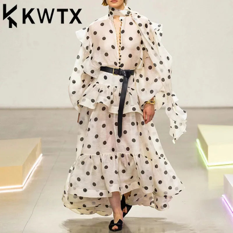 KWTX Elegant 2 Piece Set For Women Ruffles Design Gathered Waist Tops+high Waist A-line Skirts Female Fashion Clothing 2025 New