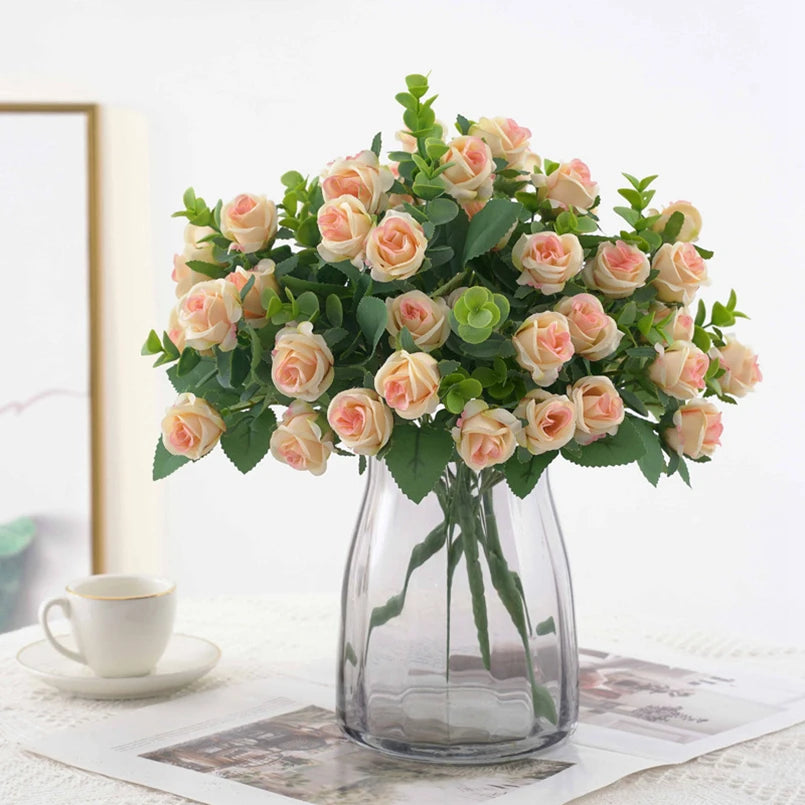Artificial Flowers Vases Home Decor Outdoor Garden Festival Eucalyptus Leaves Fake Plants Wedding Party Silk Roses Bouquet Cheap