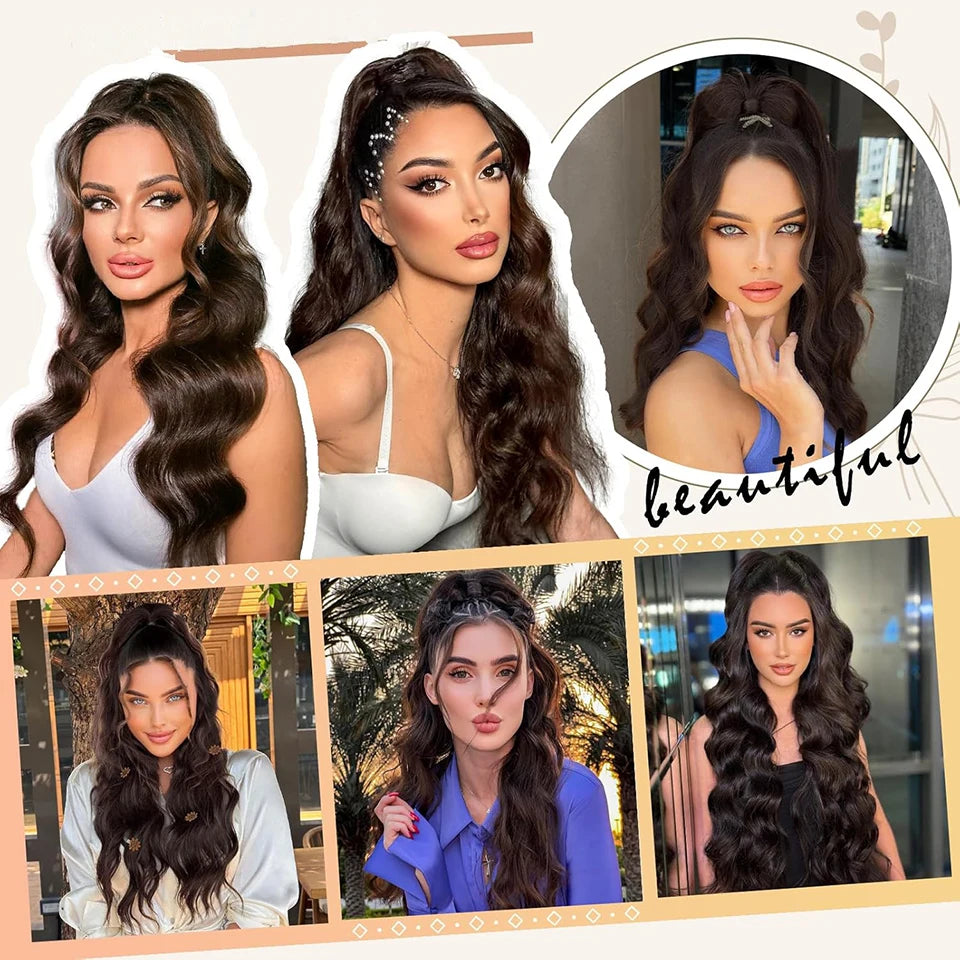 Queue de cheval à cordon de serrage de 28 pouces Extensions de cheveux synthétiques pour femmes noires Longue queue de cheval ondulée à clipser haute température pour femme afro