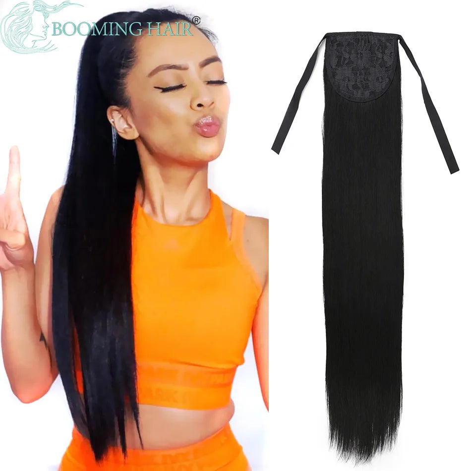 Queue de cheval bouclée Extensions à clip synthétiques avec cordon de serrage Perruque longue de 32 pouces Ondulée Afro Queue de cheval Faux Postiche pour femmes