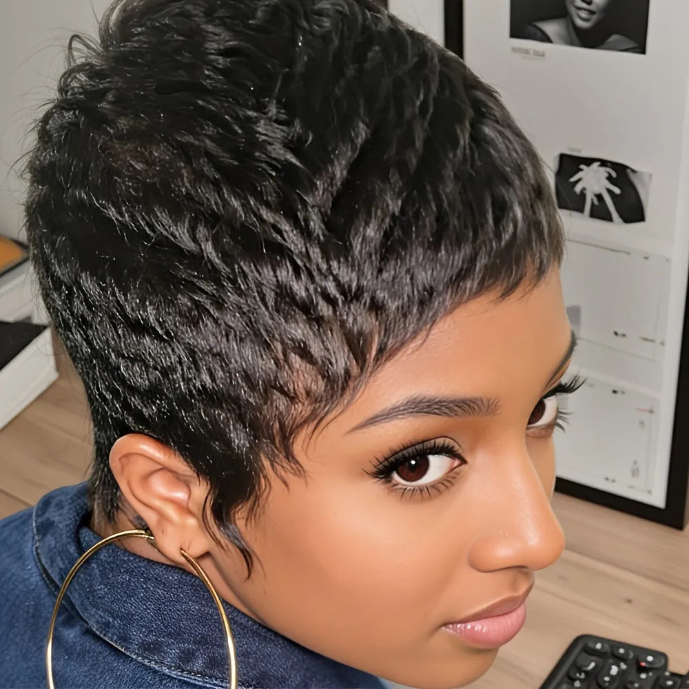 pixie cut short straight layered brown black burgundy color for women human hair wig machine made daily party use wig