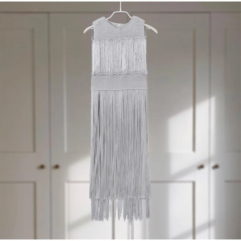 Tassel Skirt Women's 2 Piece Set Elegant Round Neck Sleeveless Zipper Sequin Top A-line Long Skirt Suit Lady 2025 Summer Outfits