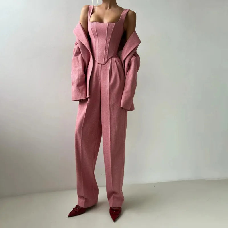[Vibe] Women's Blazer Three Piece Solid Slim Vest Loose Blazer High Waist Pants Suit Streetwear Casual Female Pants Suit