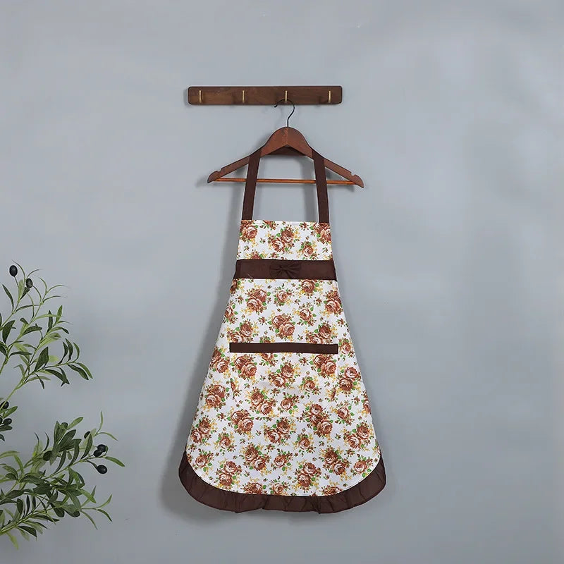 Oil-proof Cooking Apron for Women Adjustable Kitchen Cooking Coffee Shop Flower Printed Bowknot Cleaning Aprons with Pocket