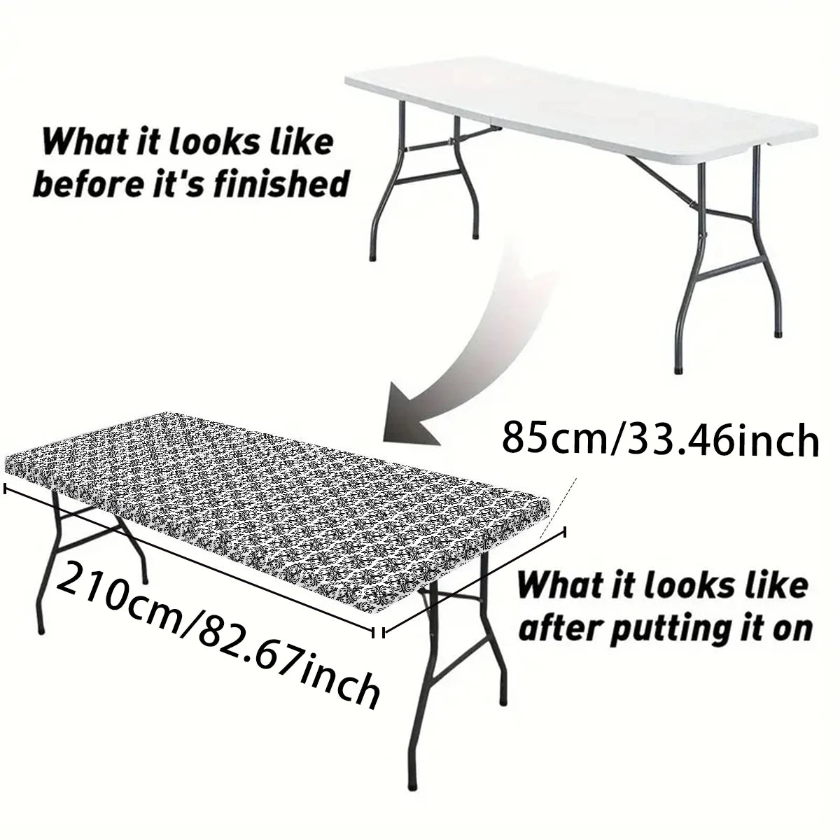 1pc Rectangular Tablecloth, Black Pattern Elastic Fit Tablecloth, Folding Table, Washable Tablecloth Graduation Party Decors