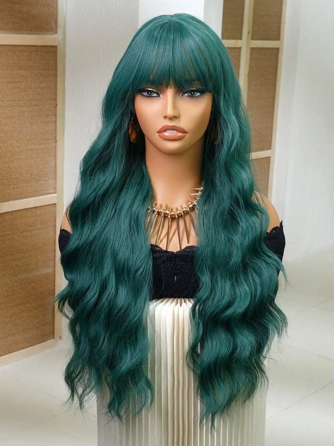 Cute Wigs - Navy Blue Medium Part Bangs Long Curly 28-Inch Daily Simulation Scalp Natural Woman Wigs For Party Cosplay Wedding