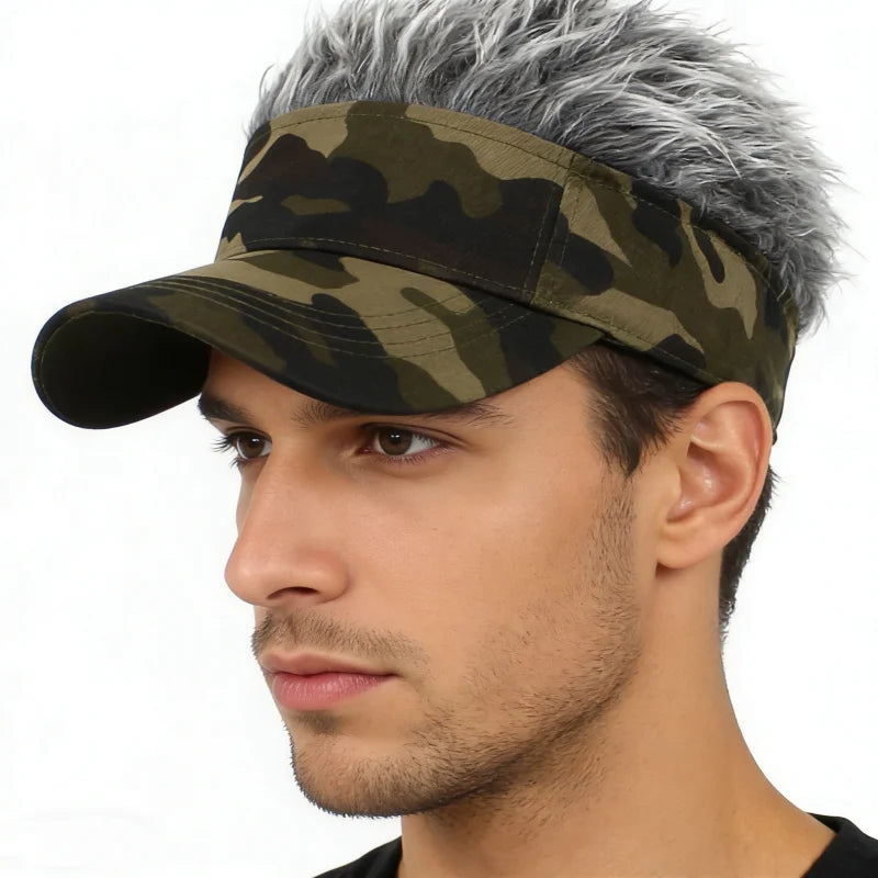 Gorra Unisex Verde Militar Camuflaje Estampado Anti-UV Golf Béisbol Pelo Sintético con Púas Sombrero Deporte Correr Peluca Parasol