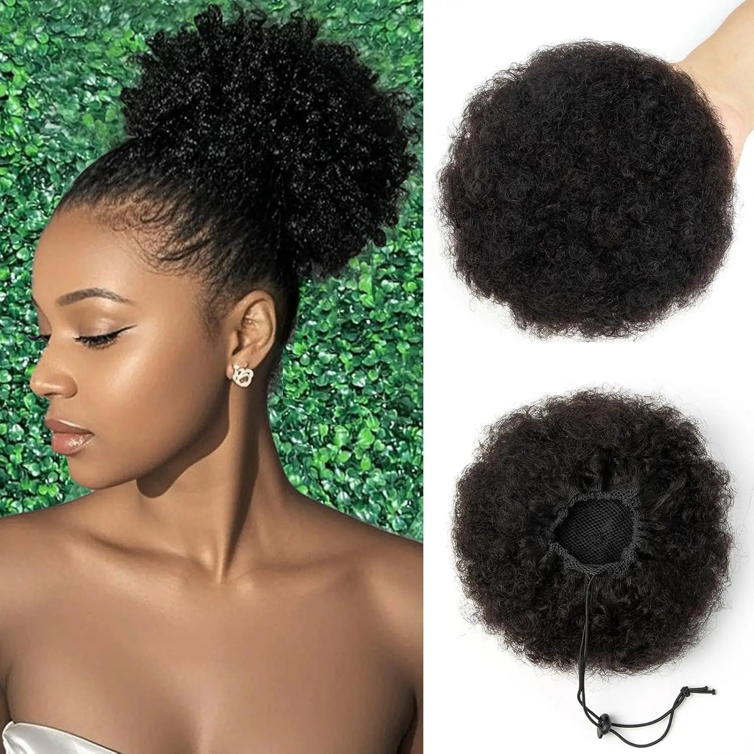 Afro Puff Kinky Curly Human Hair Ponytail Curly Drawstring High Bun HairPiece Clip in on Updo Chignon for Black Women 4 6 8 inch