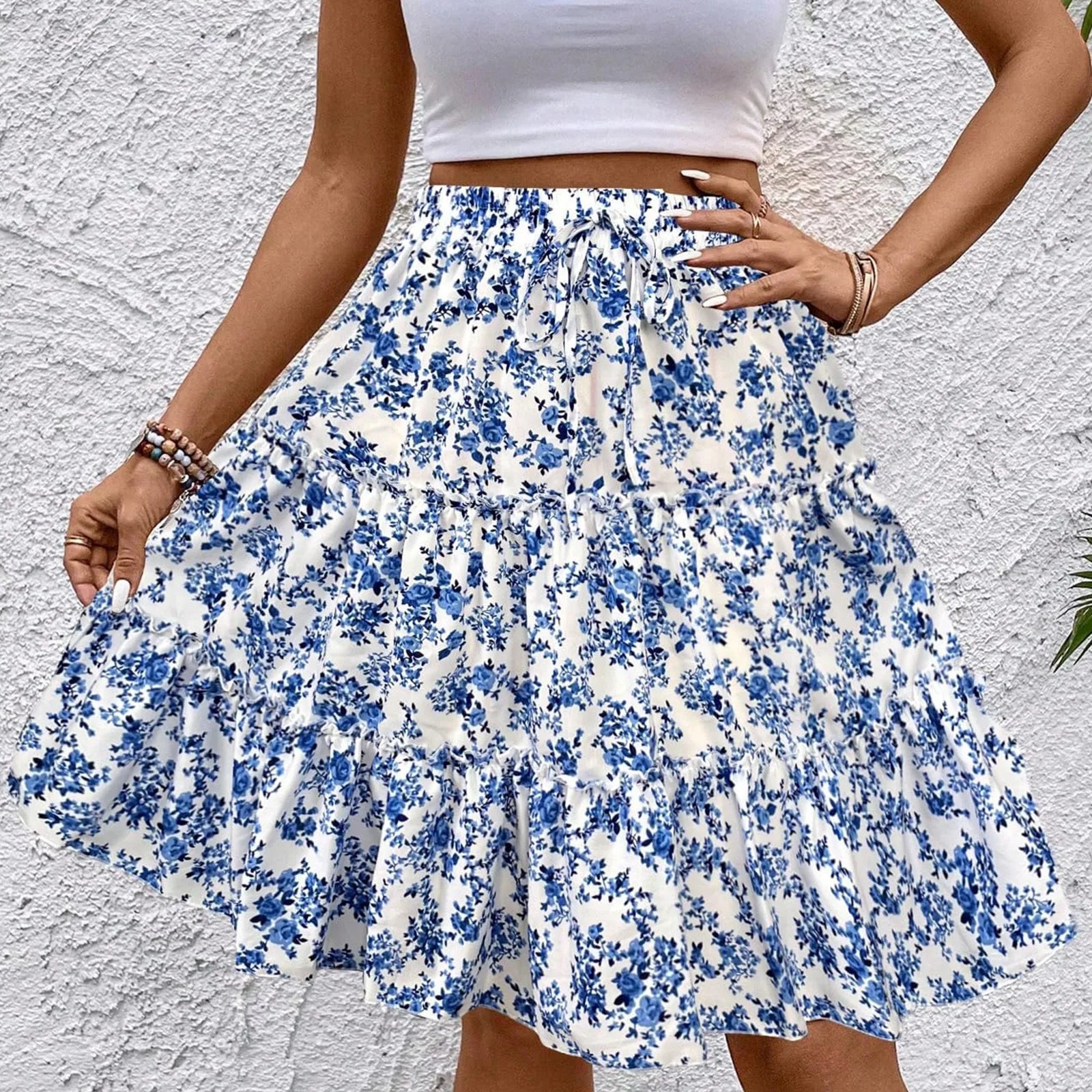 Women's Spliced Cake Skirt Fashionable Floral Print Elastic Waist Strap Versatile Casual Skirts Comfortable knee-length skirt