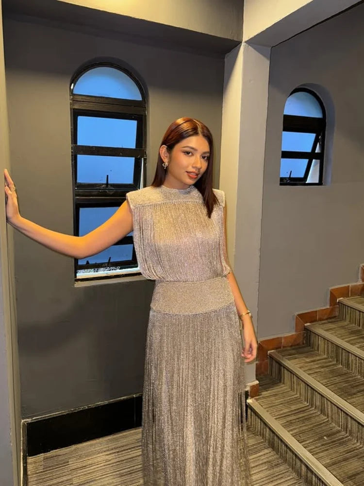 Tassel Skirt Women's 2 Piece Set Elegant Round Neck Sleeveless Zipper Sequin Top A-line Long Skirt Suit Lady 2025 Summer Outfits