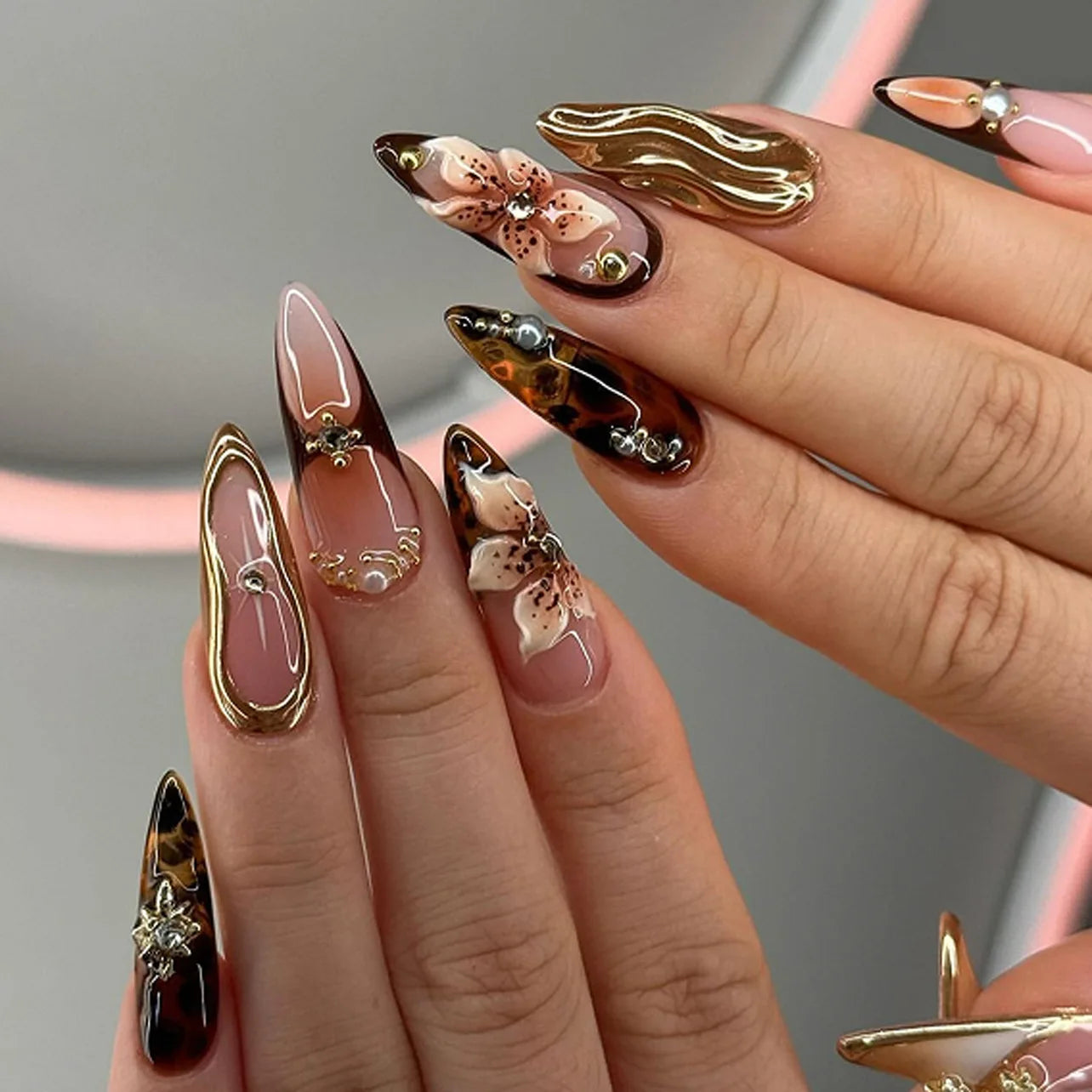24Pcs Sweet Cool French Press on Nails Almond Acrylic False Nails Cute Cherry Bowknot Fake Nails with Pearl Glitter Diamond Nail