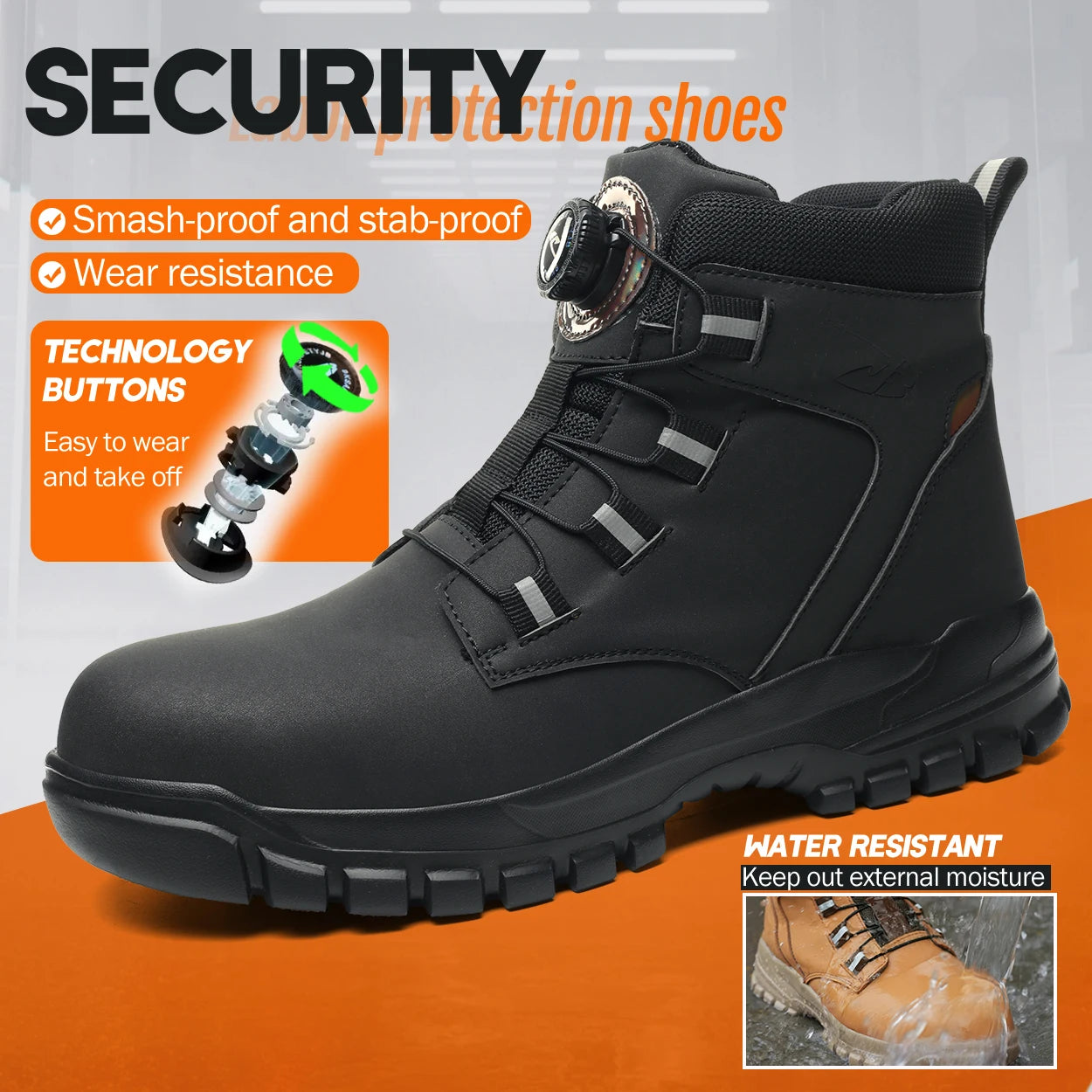 Zapatos de trabajo con botón giratorio para hombre, botas protectoras antipinchazos, zapatillas, zapatos de seguridad impermeables, antideslizantes con puntera de acero