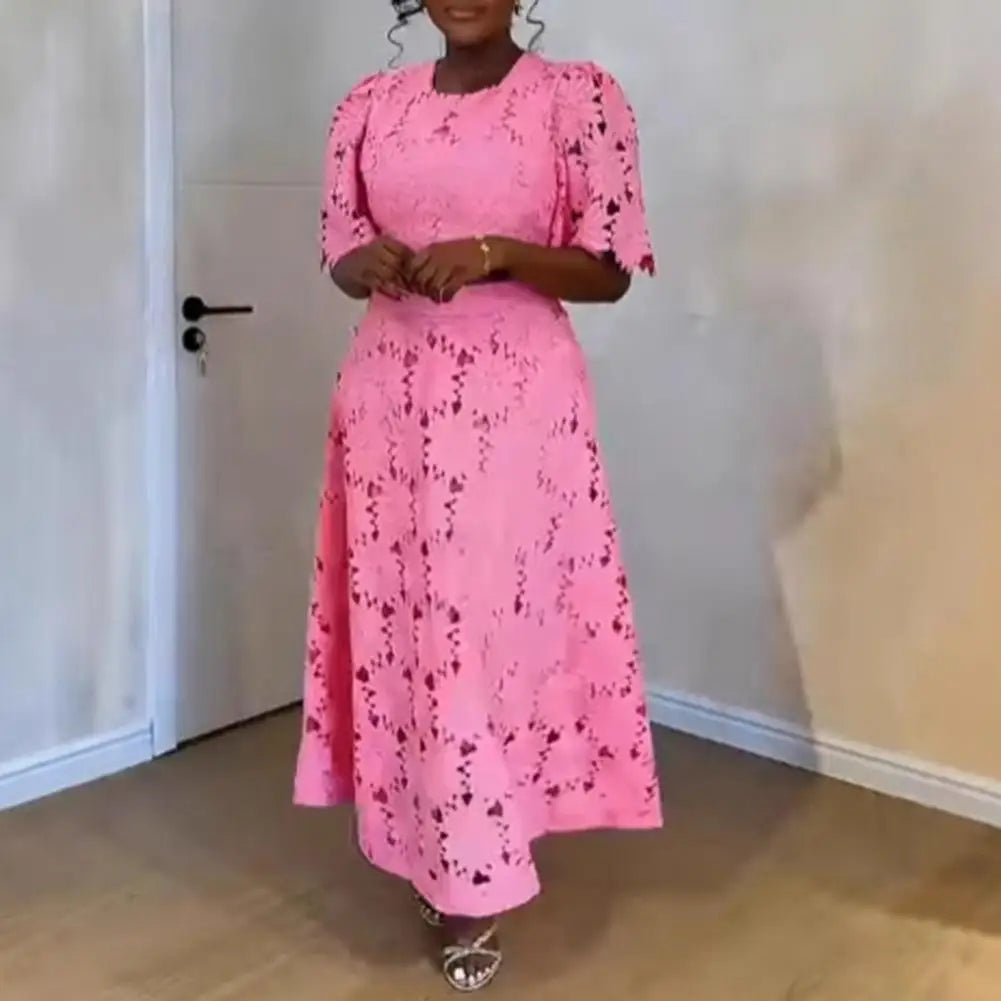 Women's 2 Piece Skirt Set Hollow Out Flower Outfits Short Sleeves Round Neck Top High Waisted Maxi Skirt Set Summer Vacation Set