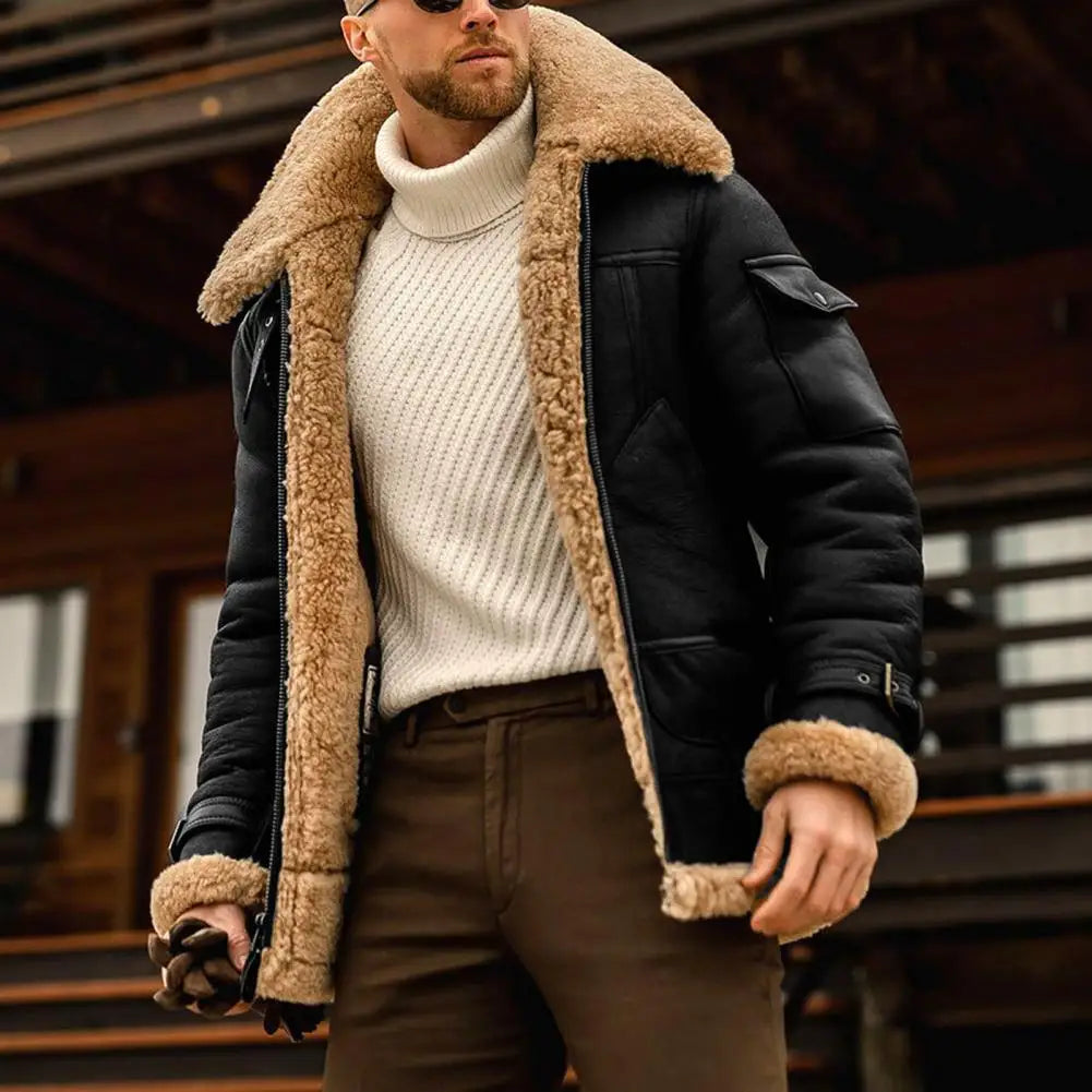 Faux Fur Faux Leather Men Jacket Thickened Plush Lining Winter Men Jackets Vintage Lapel Furry Coldproof Keep Warm Winter Coat