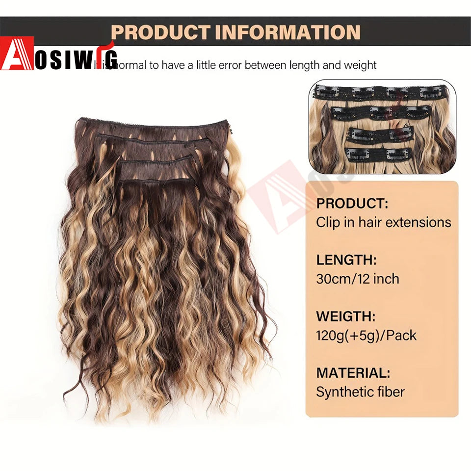 4/pc Clip In Hair Extensions 12 Inch Long Water Wave Hair ExtensionSynthetic Hair Extensions Hairpieces For Women Daily wear