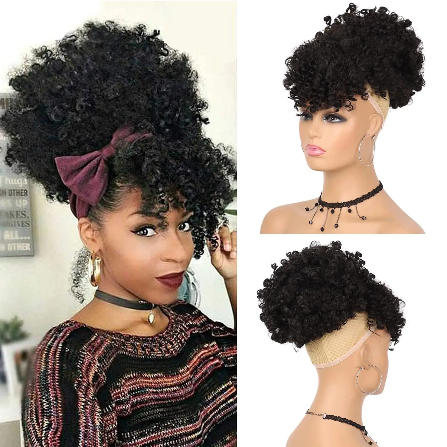 Synthetic Afro Puff Hair Bun Extensions Drawstring Ponytail With Bangs Short Kinky Curly Pineapple Clip in on Wrap Updo Ponytail