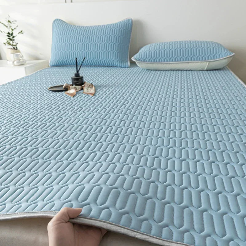 Cooling Bed Sheet Set with Pillowcases Ice Silk & Latex Quilted Breathable Cover Solid Summer Bedding Comfort & Heat Resistance