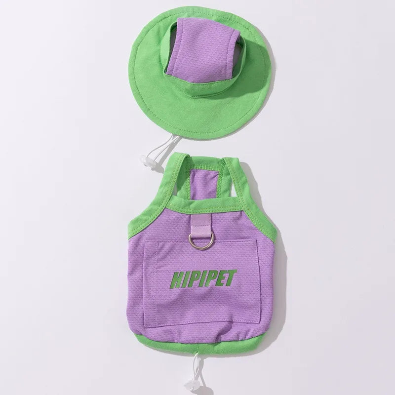 Dog Clothes with Hat Pet Summer Sun Protection Clothes Teddy Outdoor Vest Breathable Mesh Puppy T-Shirt with Traction Buckle