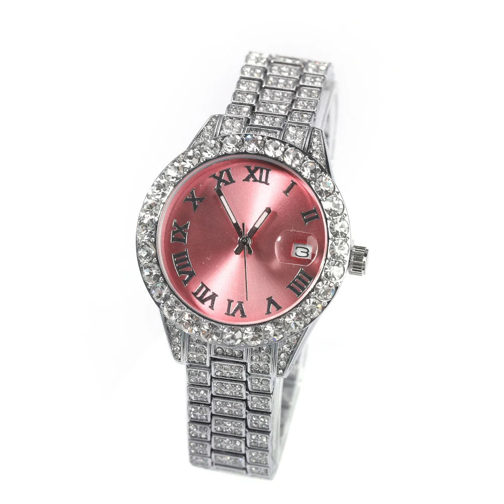 Uwin Women's Watch Baby Pink Iced Out Quartz Clock Small Dial Luxury Rhinestone Waterproof Wrist Watch Small Size For Women