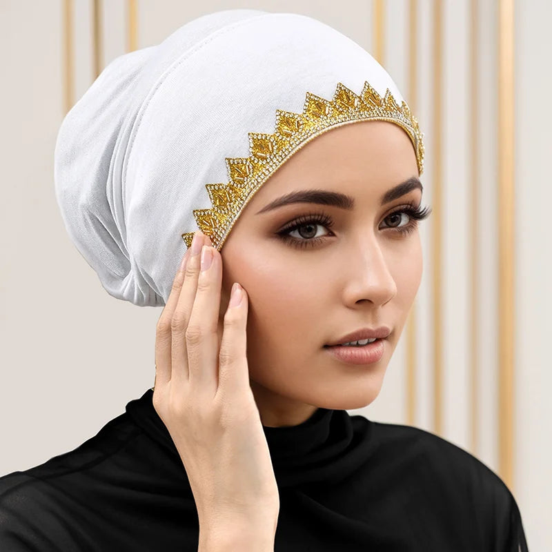 Gorros elásticos con pedrería dorada brillante para mujer, gorros musulmanes con lazo en la parte trasera, hijabs interiores, turbante, gorro con estampado de hojas en caliente, bajo la gorra de diamantes, jersey