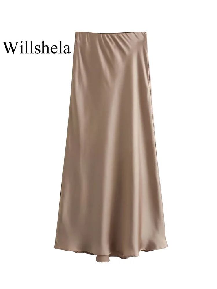 Willshela Falda de satén negra para mujer, falda larga elegante de cintura alta para mujer, falda midi de moda de verano, faldas de oficina para mujer