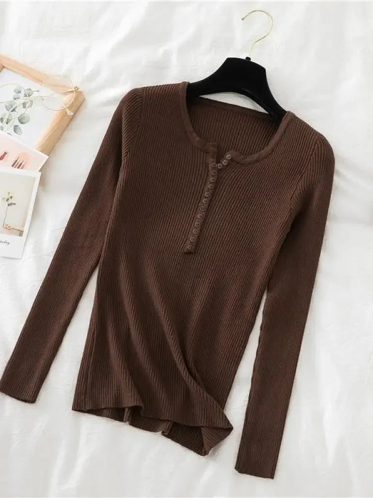 Korea Autumn Winter Button V Neck Sweater Women Basic Slim Pullover Women Sweaters And Pullovers Knit Jumper Soft Warm Tops
