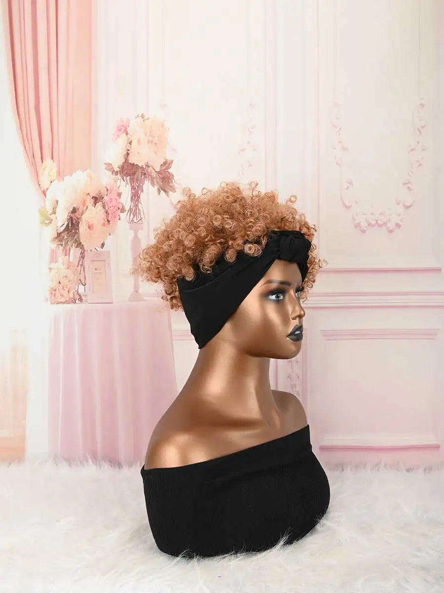 Headband Wig Curly Headband Wig With Bangs For Women Synthetic Afro Curly Hair Wig With Headband Attached Short Kinky Curly Afro High Puff With Bangs Stripes Short Red Curly Wigs with Bangs for Women, Natural Wavy Synthetic H