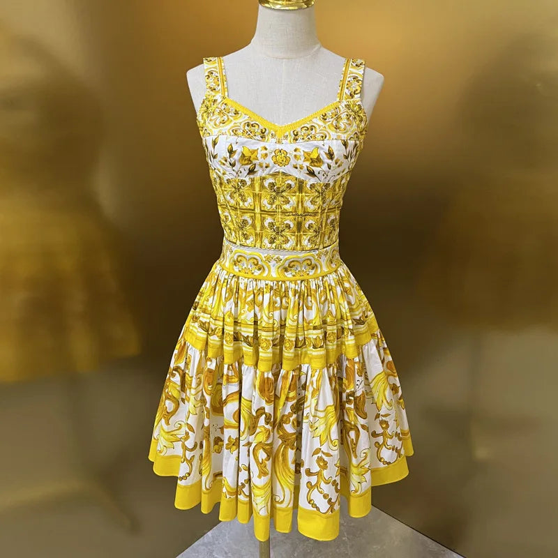 Designer Women's Cotton Corset Top & Mini Skirt Set | Yellow Porcelain Print | Summer Beach Vacation Outfit