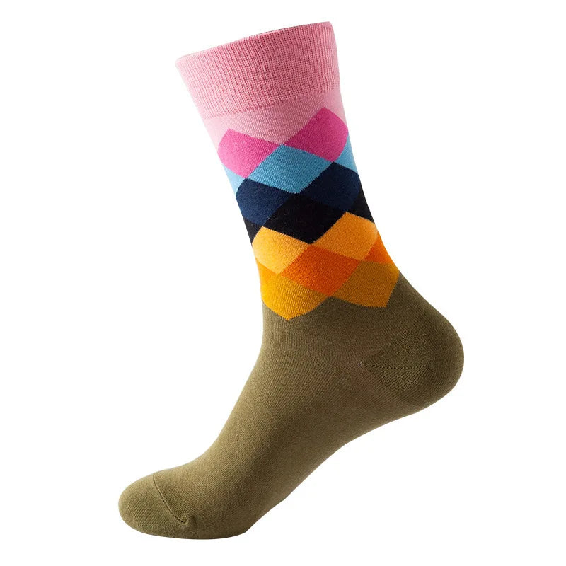 49 Patterns Fashion Business Men 100% Cotton Happy Lattice Socks Unisex Boys Combed Hip Hop Street Skateboard Funny High Sox Set