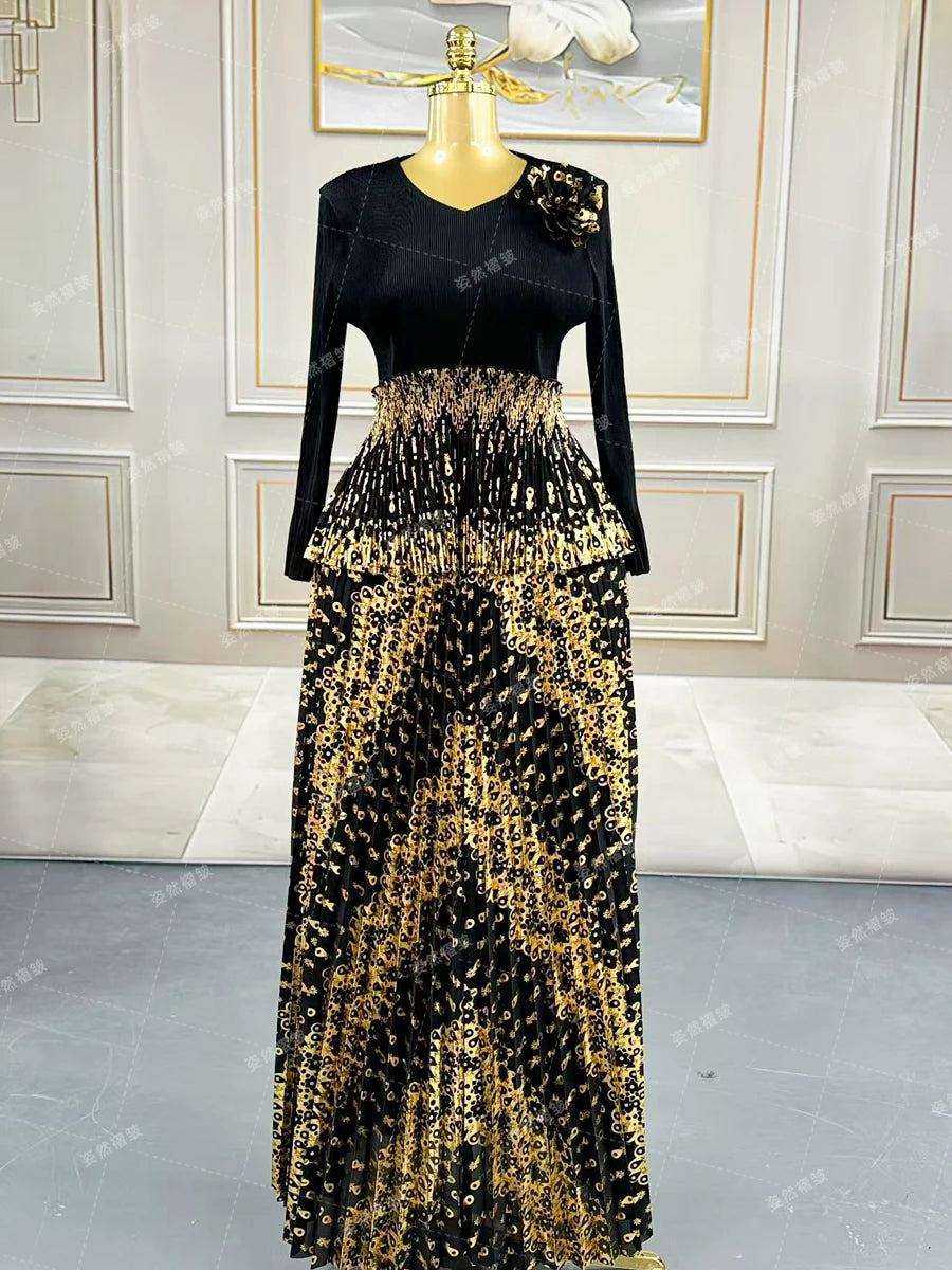Luxury Women Chic Evening Dresses Formal Ball Gowns Elegant Party Miyake Pleated Long Sleeve Dress Female Plus Size Clothes