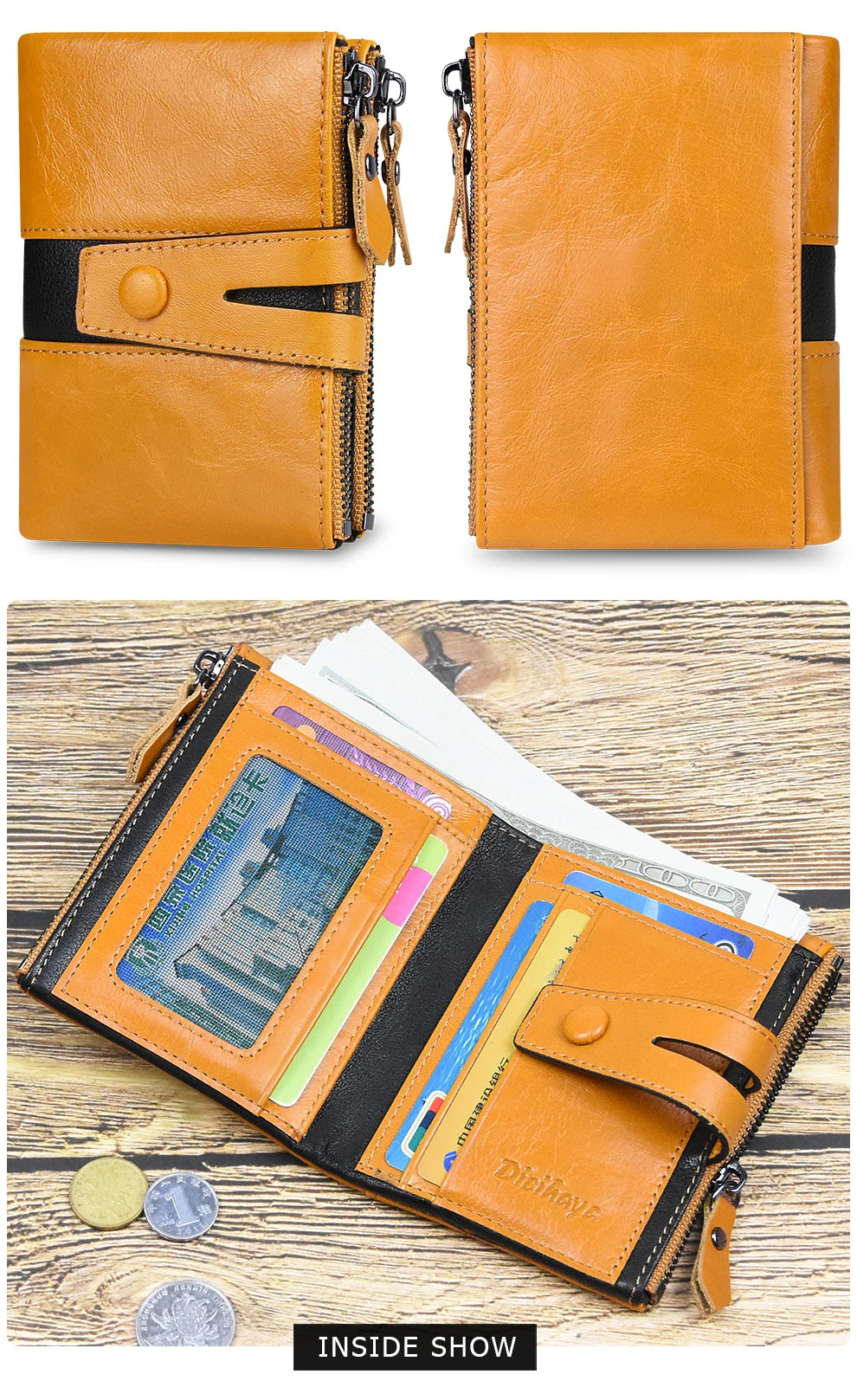 Cartera de piel auténtica para hombre, diseño de lujo, cartera corta plegable, monedero vintage con broche para monedas, bolsillo multifuncional para tarjetas