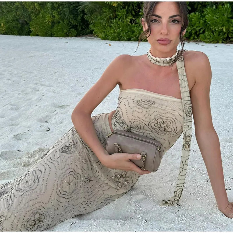 Beach Tank Top Skirt Women's Set Beading Print Shawl Collar Sleeveless Tops Pleated Maxi Skirts 2025 Summer Fashion Lady Outfit
