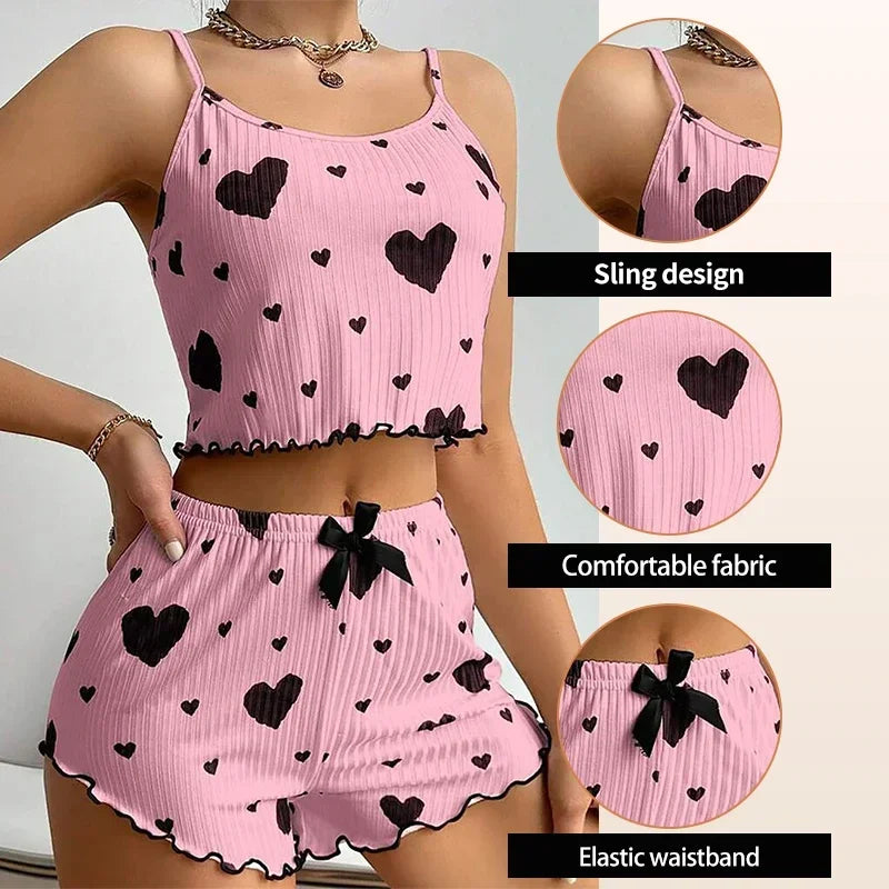 Sexy Women's Pajamas Set Sleepwear 2 PCS Short Tank Tops And Shorts S M L White Ventilate Soft Casual Love Printing