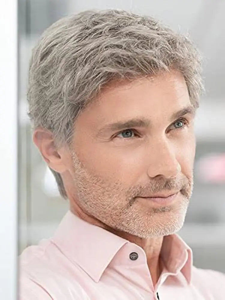 Peluca gris corta para hombre, capas naturales, pelucas de Halloween para disfraz, pelucas de repuesto de pelo sintético resistente al calor para hombres