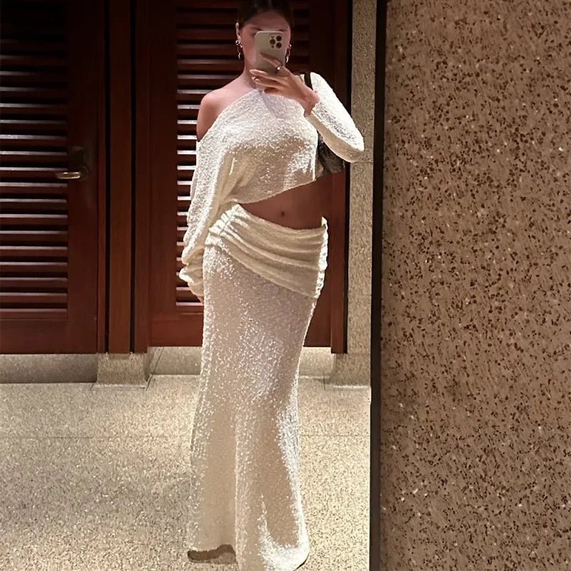 Knitted Skirt Set Women's Summer Off-Shoulder Long Sleeve Cropped Top Slim See-through Pleated Skirt Female Skirt Set