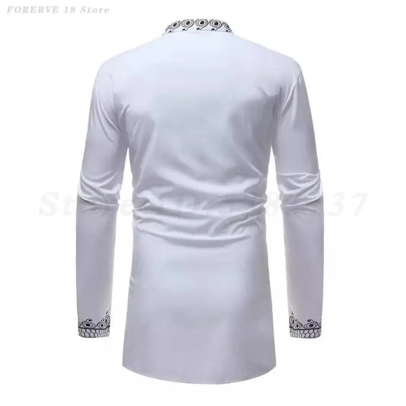 Man African Clothes Fashion Printed Shirts Tops White Long Sleeved Blouse Loose Casual Men's Plus Size 3XL Africa Muslim Dashiki